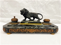 Double Inkwell With Center Lion Bronze on Marble Base