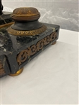 Double Inkwell With Center Lion Bronze on Marble Base