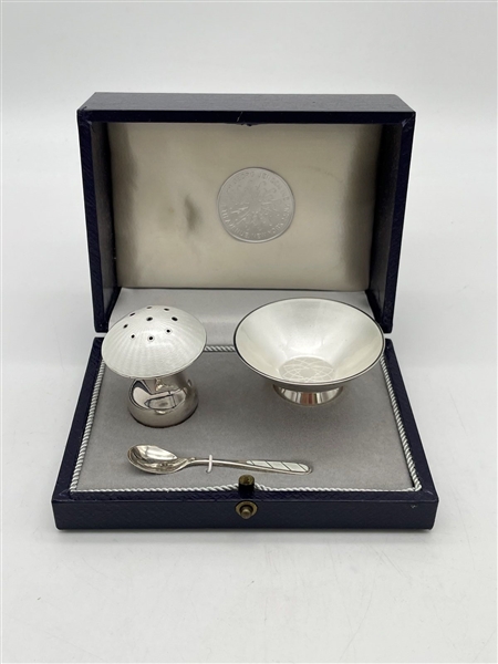 Georg Jensen Sterling Silver Guilloche Enamel Salt and Pepper With Spoon