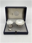 Georg Jensen Sterling Silver Guilloche Enamel Salt and Pepper With Spoon