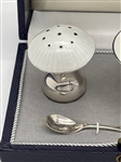 Georg Jensen Sterling Silver Guilloche Enamel Salt and Pepper With Spoon