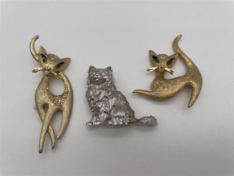 (3) Crown Trifari and Mamselle Cat Costume Jewelry Brooches