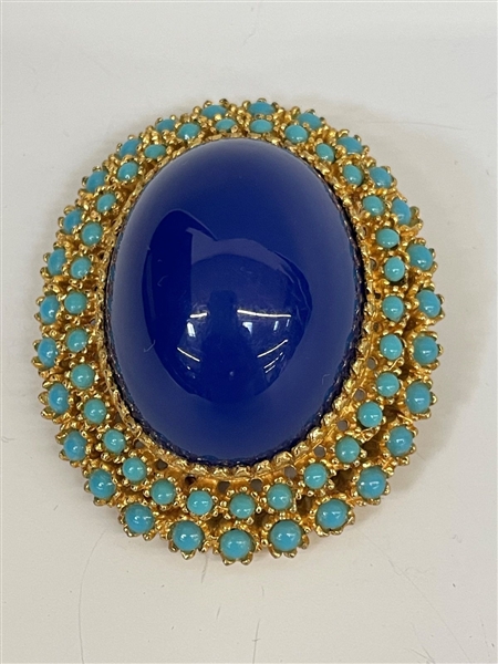 Pauline Rader Costume Cabochon Brooch Turquoise and Seed Pearls