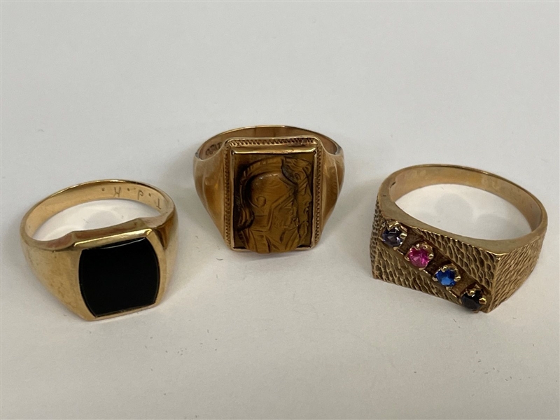 (3) 10k Gold Mens Rings Onyx, Tiger Eye