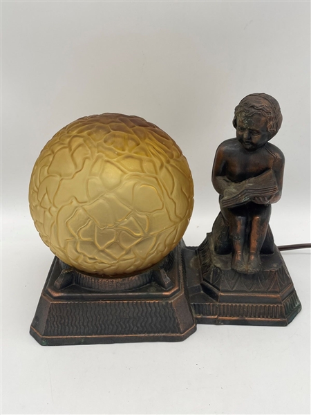 1950s Spelter Table TV Figural Lamp With Amber Shade