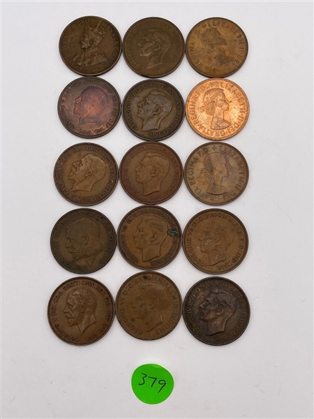 (15) Great Britain Copper One Penny Coins (#379)