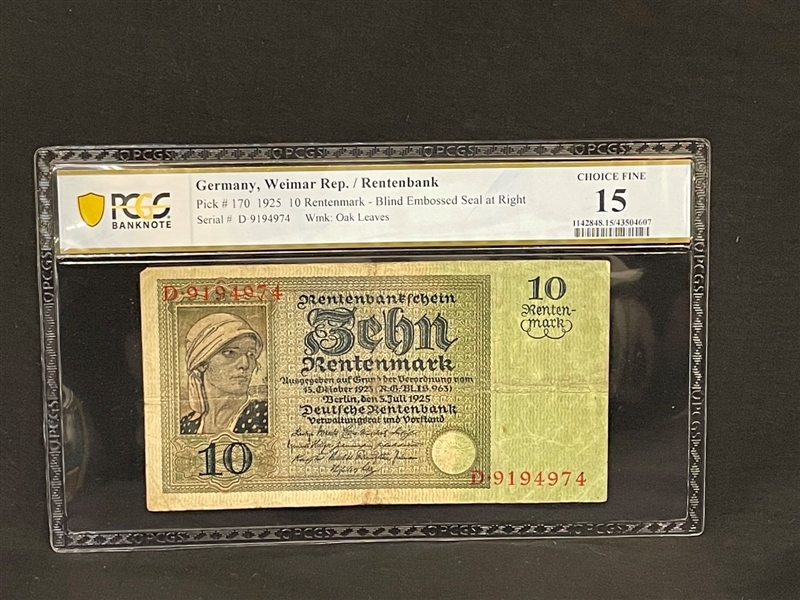 1925 Germany Weimar Republic 10 Rentenmark Bank Note Pick #170, PCGS CF15