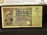 1925 Germany Weimar Republic 10 Rentenmark Bank Note Pick #170, PCGS CF15
