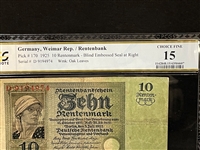 1925 Germany Weimar Republic 10 Rentenmark Bank Note Pick #170, PCGS CF15