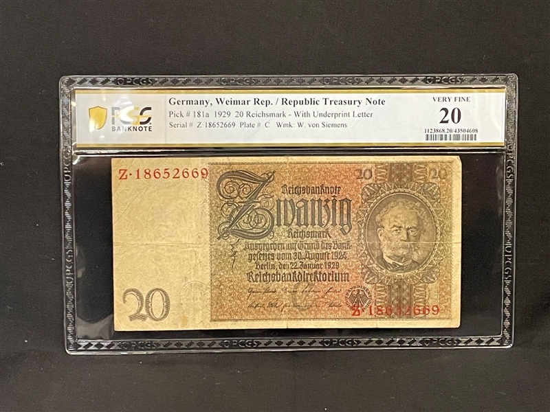 1929 Germany Weimar Republic 20 Reichsmark Treasury Note Pick #181a PCGS VF20