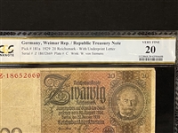 1929 Germany Weimar Republic 20 Reichsmark Treasury Note Pick #181a PCGS VF20
