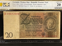 1929 Germany Weimar Republic 20 Reichsmark Treasury Note Pick #181a PCGS VF20