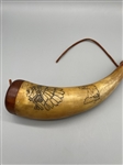 Carved Powder Horn Native American Indian and Eagle