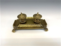 Brass Double Inkwell With Porcelain Bowls