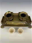 Brass Double Inkwell With Porcelain Bowls