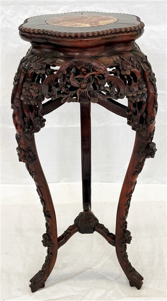 Chinese Rosewood Carved Marble Inlay Top Pedestal
