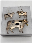 Mexican Sterling Silver Cow Brooch and Matching Earrings