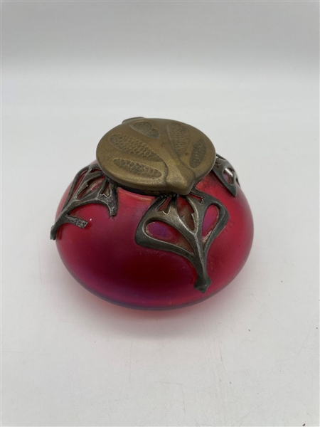 Unmarked Loetz Style Glass Inkwell Ormolu Mounted