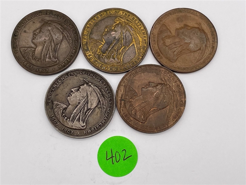 (5) 1907 So Called Dollar Jamestown Tercentennial Exposition Bronze Tokens (#402)