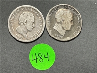 1808 Italy Kingdom of Napoleon, 1827 Sardinia 2 Lira Silver Coins (#484)
