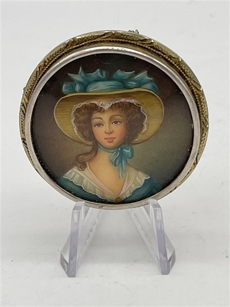 .800 Silver Round Miniature Hand Painted Female in Blue Dress Brooch