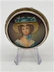 .800 Silver Round Miniature Hand Painted Female in Blue Dress Brooch