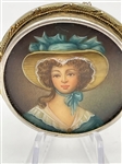 .800 Silver Round Miniature Hand Painted Female in Blue Dress Brooch