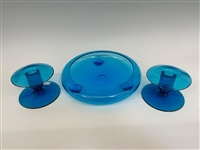 Steuben Blue Glass Console Set: Bowl and Candle Sticks