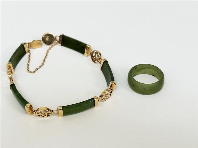 14k Gold Accent Jade Bracelet and Jade Ring