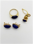 14k Gold Lapis Lazuli Cabochon Ring, Earrings, Tie Tack