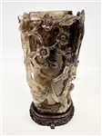 Chinese Carved Crystal Figural Floral Urn With Display Case