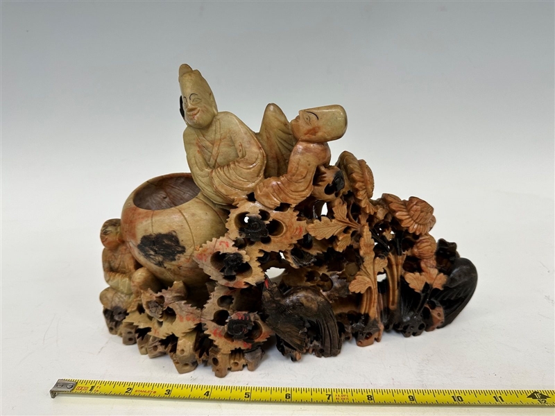 Heavy Soapstone Carving; Birds, Flowers, With Men