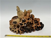 Heavy Soapstone Carving; Birds, Flowers, With Men