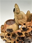 Heavy Soapstone Carving; Birds, Flowers, With Men