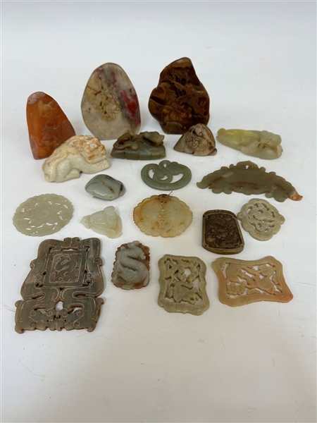 (19) Group of Nephrite Jade and Soapstone Carved Discs and Figures
