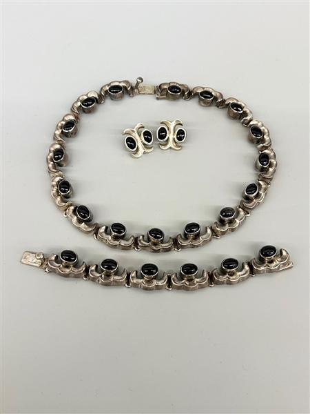 Taxco Mexican Sterling Silver Jewelry Suite Necklace, Bracelet, Earrings