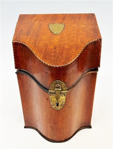 English Serpentine Mahogany Inlaid Cutlery Box