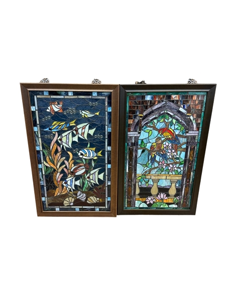 (2) Stained Glass Windows Birds and Fish