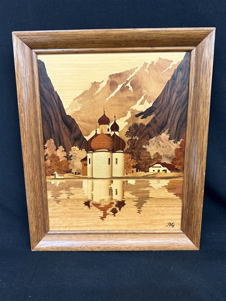 Wood Inlaid Art Signed B.G. Germany St. Bartholoma