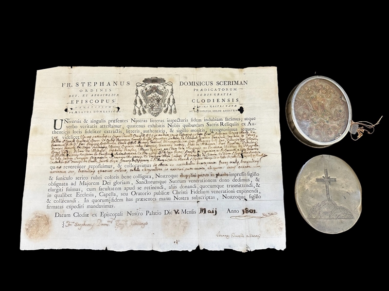 Reliquary, Relics Theca and 1801 Parchment Document: Holy Cross, Mary, Joseph, Peter, Paul, King Louis IX, Many Others