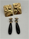 (2) Pairs 14k Gold Earrings: Black Onyx Drops, Hand Hammered Rectangles