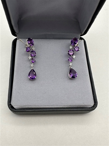 14k White Gold Amethyst and Diamond Drop Earrings