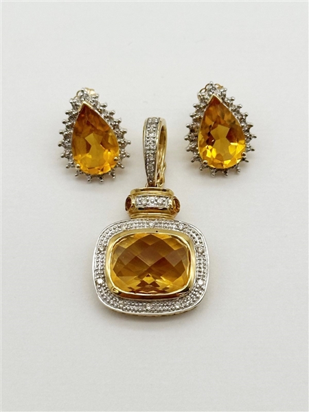 14k Gold Cushion Cut Citrine and Diamond Pendant Set