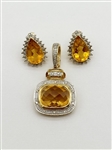 14k Gold Cushion Cut Citrine and Diamond Pendant Set