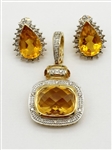 14k Gold Cushion Cut Citrine and Diamond Pendant Set