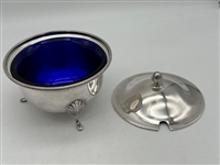 Silver Plate 3 Footed Cobalt Condiment Lidded Jar