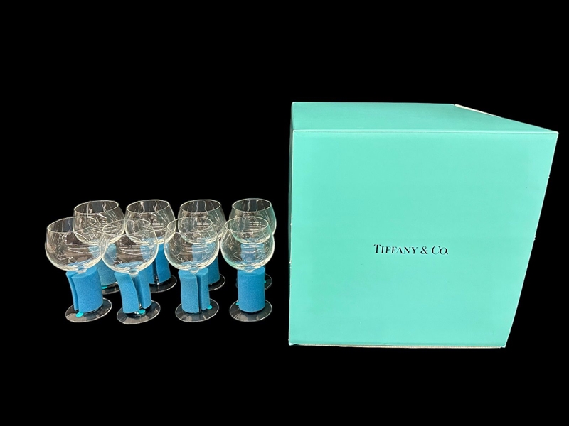 (8) Tiffany and Co. Wine Glasses New in Box With Original Bubble Wrap, Foam Support and Stickers.