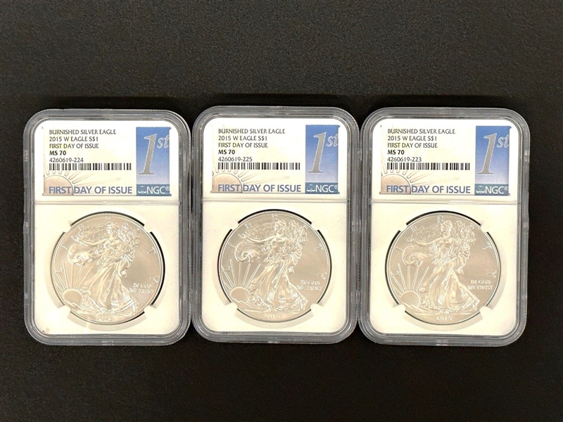 (3) 2015-W Burnished Silver Eagle Dollars NGC MS 70 First Day of Issue 