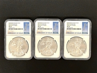 (3) 2015-W Burnished Silver Eagle Dollars NGC MS 70 First Day of Issue 