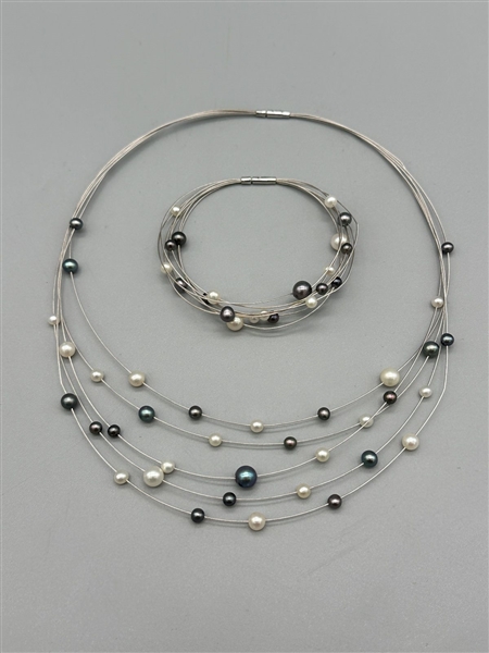 18k Multi Wire Strand Pearl Necklace and Matching Bracelet